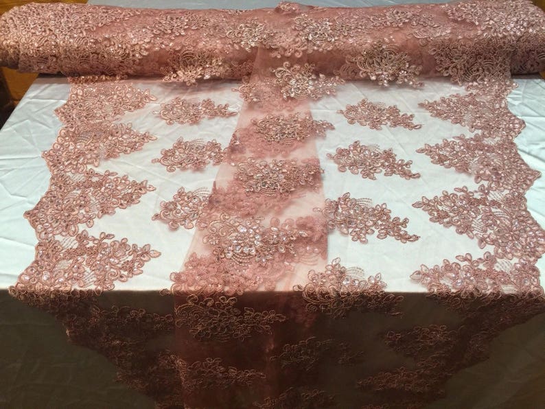 Dusty Rose Lace Fabric Corded Flowers Embroidery With Sequins For Wedding Dress Bridal Veil By The Yard