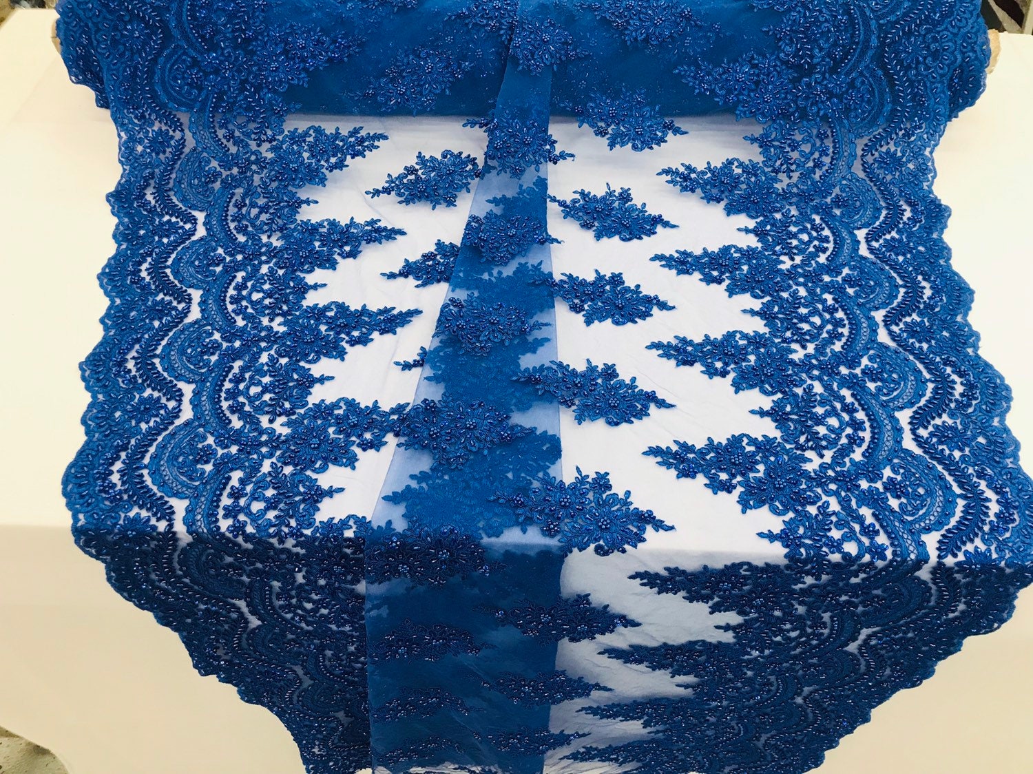 Royal Blue Beaded Fabric Embroider On A Mesh Lace-Bridal-Wedding-Prom By Yard