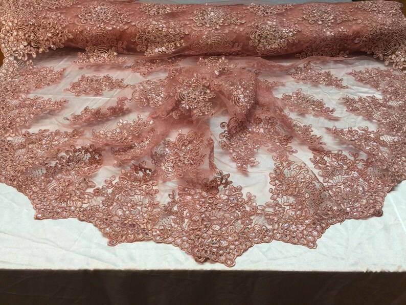 Dusty Rose Lace Fabric Corded Flowers Embroidery With Sequins For Wedding Dress Bridal Veil By The Yard