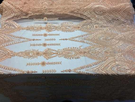 Pêche perlé-brodée lourd tissu perlé-brodée Pêche de perles avec des paillettes sur une maille dentelle pour mariée voile / / Prom/robe/décorations de mariage par la Cour 545acf Pêche perlé-brodée lourd tissu perlé-brodée Pêche de perles avec des paillettes sur une maille dentelle pour mariée voile / / Prom/robe/décorations de mariage par la Cour 545acf