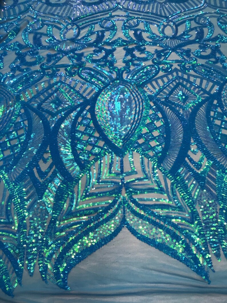 Iridescent Turquoise 4 Way Stretch Sequins Fabric Embroidered Mesh Sequin For Dress Top Fashion Prom Fabric Bridal Wedding By The Yard