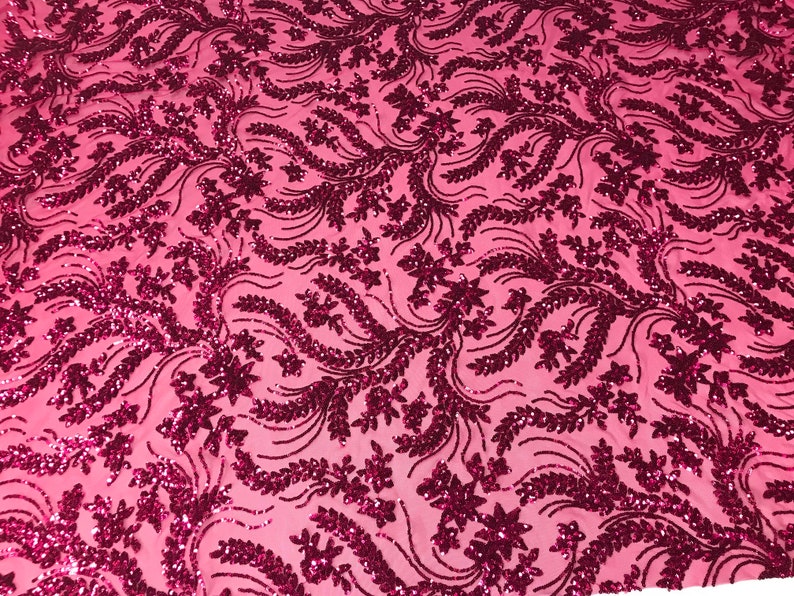 4 Way Stretch Fabric Embroidered Sequins Lace Fashion Dress Wedding Decoration By The Yard Fuchsia Power Mesh