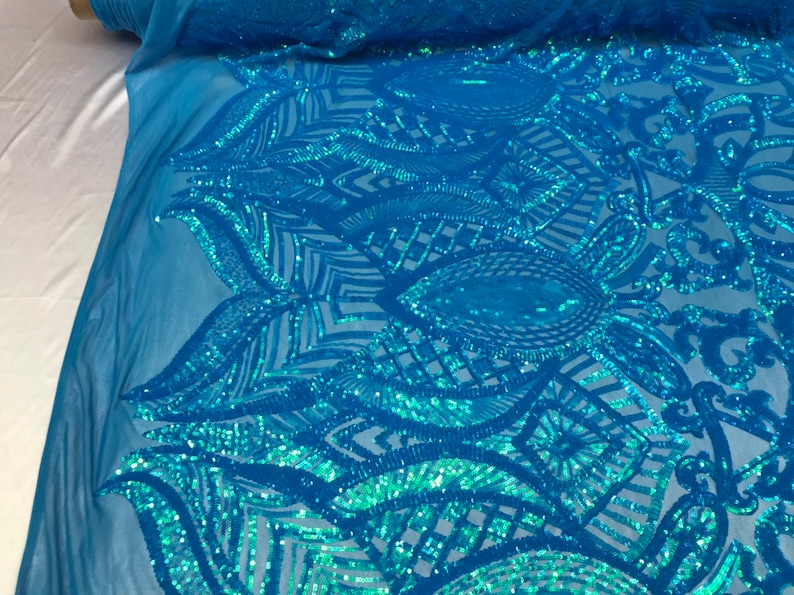 Iridescent Turquoise 4 Way Stretch Sequins Fabric Embroidered Mesh Sequin For Dress Top Fashion Prom Fabric Bridal Wedding By The Yard