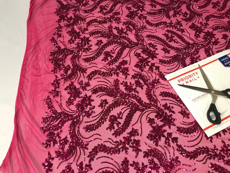 4 Way Stretch Fabric Embroidered Sequins Lace Fashion Dress Wedding Decoration By The Yard Fuchsia Power Mesh
