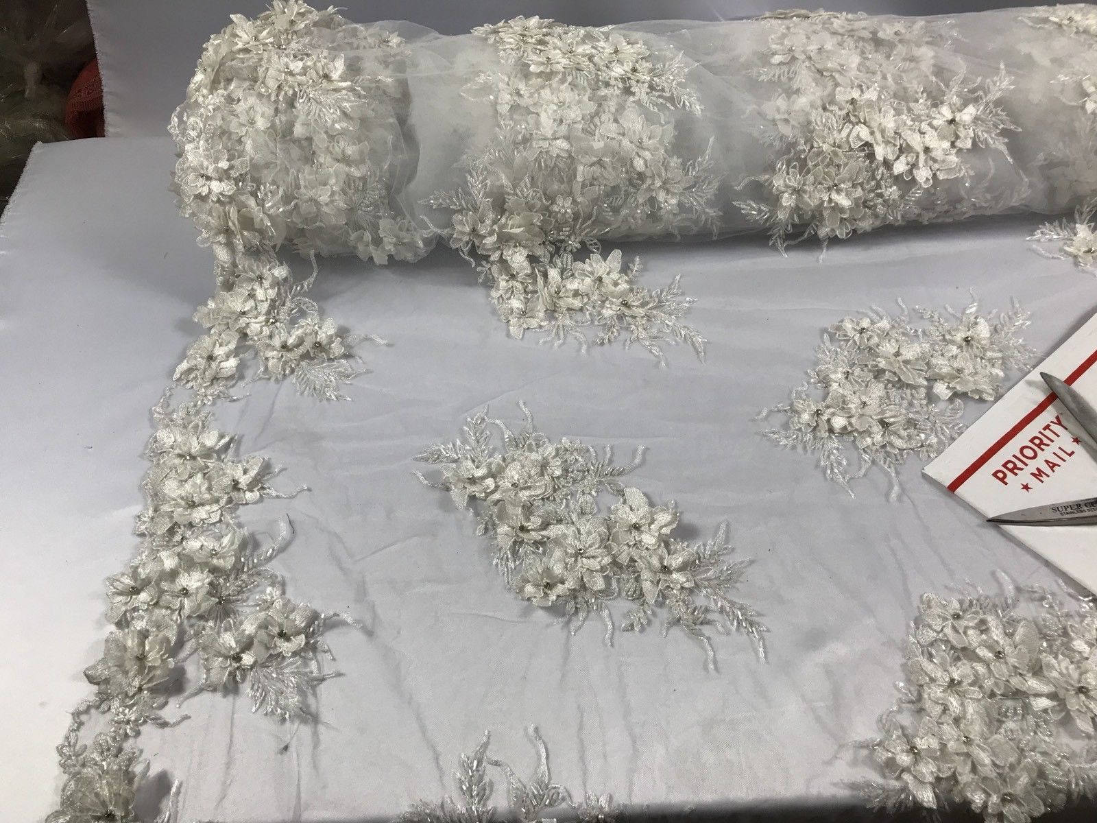 Beaded Embroidery Lace Fabric Diamonds 3D Flower White Mesh Dress By The Yard