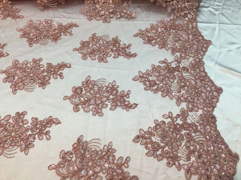 Dusty Rose Lace Fabric Corded Flowers Embroidery With Sequins For Wedding Dress Bridal Veil By The Yard