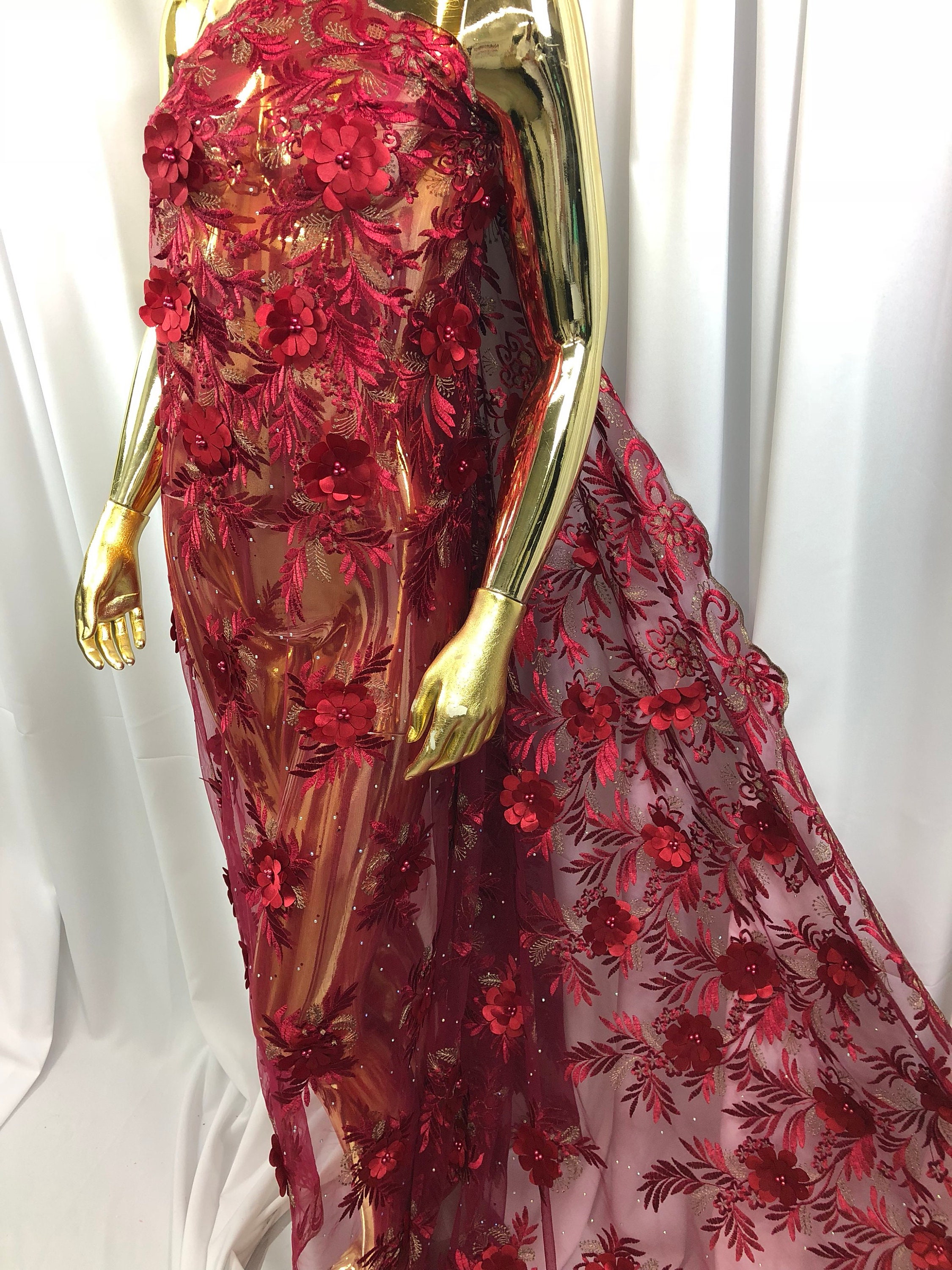 Burgundy Lace Fabric Embroidery 3d Florwer For Trimming Wedding
