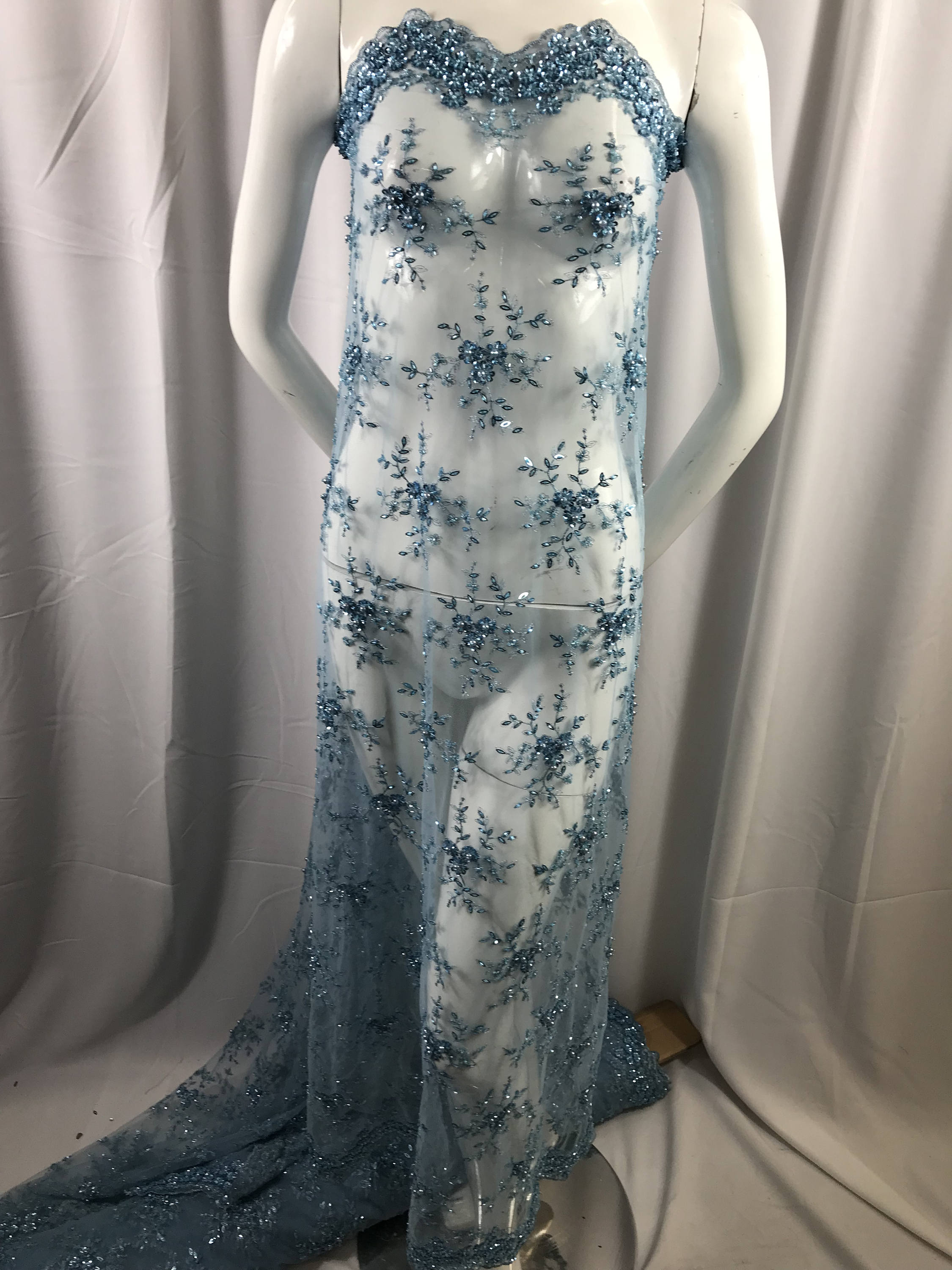 Beaded Fabric By The Yard Baby Blue Embroidered Bridal Lace Flower