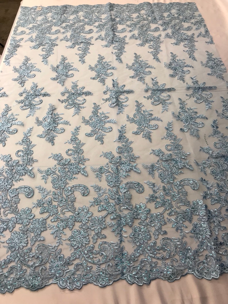 Corded Flowers-Floral Embroidery With Sequins For Wedding Dress Bridal Veil French Lace Fabric By The Yard Baby Blue Lace Fabric