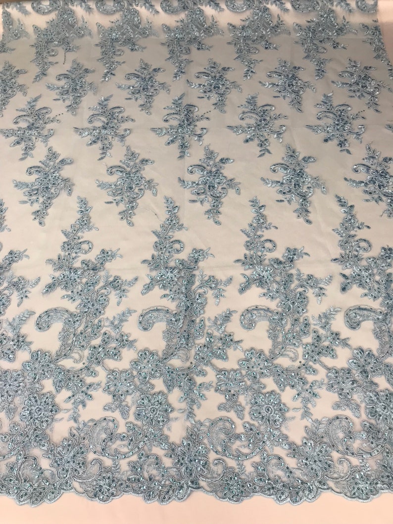 Corded Flowers-Floral Embroidery With Sequins For Wedding Dress Bridal Veil French Lace Fabric By The Yard Baby Blue Lace Fabric