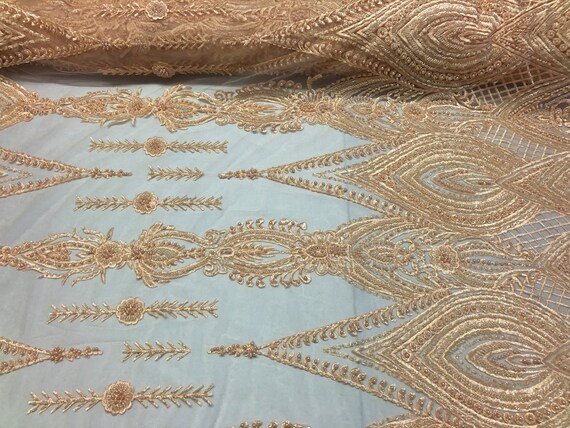 Pêche perlé-brodée lourd tissu perlé-brodée Pêche de perles avec des paillettes sur une maille dentelle pour mariée voile / / Prom/robe/décorations de mariage par la Cour 545acf Pêche perlé-brodée lourd tissu perlé-brodée Pêche de perles avec des paillettes sur une maille dentelle pour mariée voile / / Prom/robe/décorations de mariage par la Cour 545acf