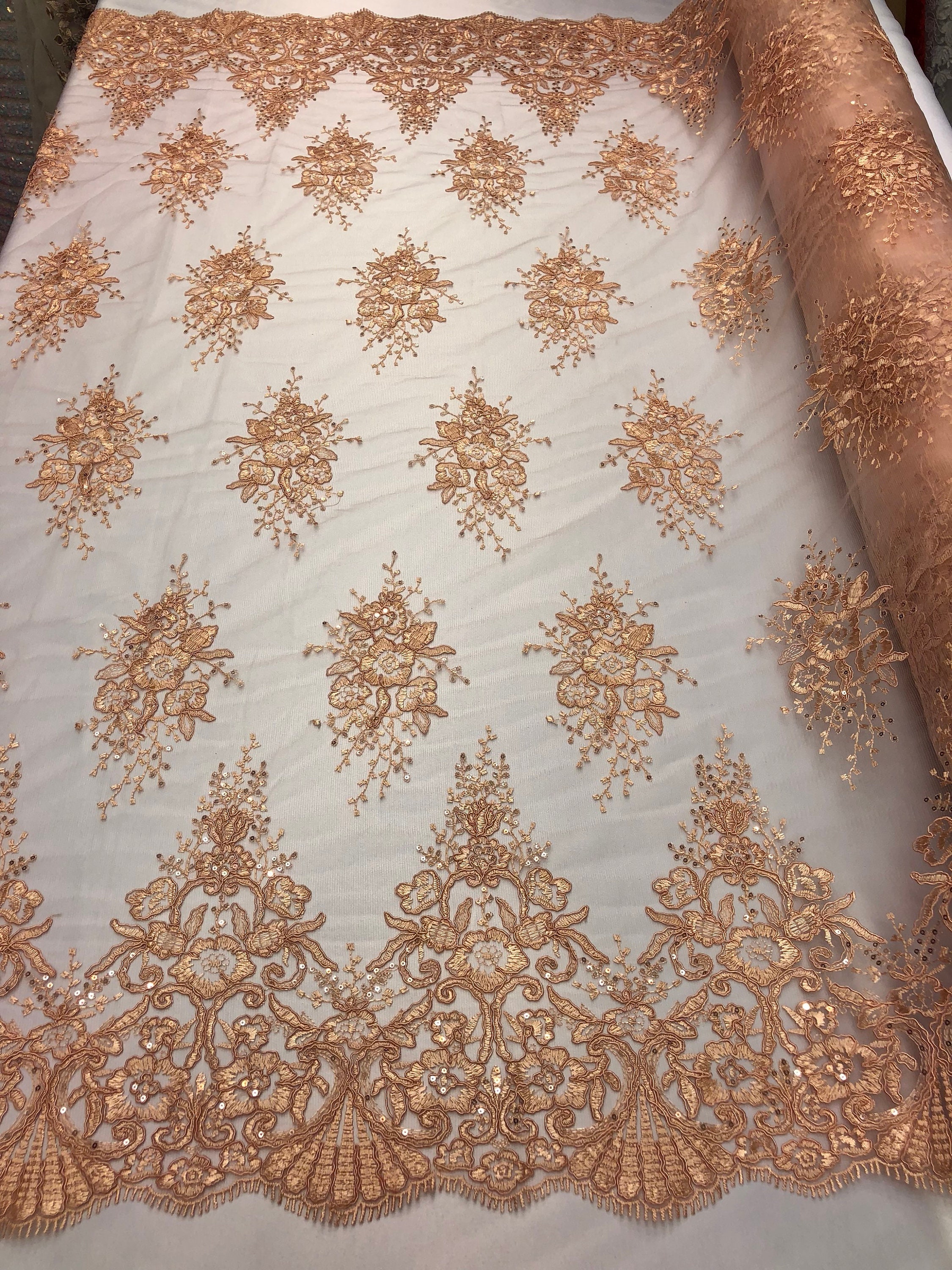 Embroidered Mesh Lace Fabric Peach Sequins Flower Dress Bridal By The Yard