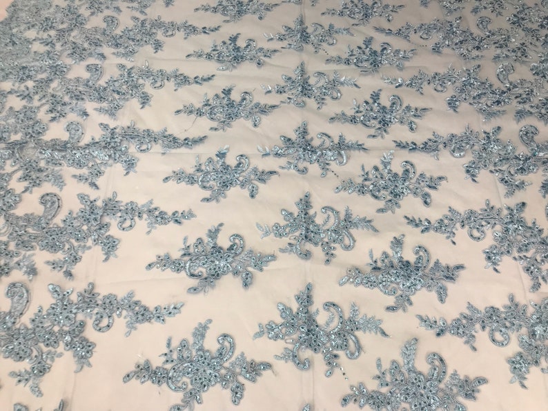 Corded Flowers-Floral Embroidery With Sequins For Wedding Dress Bridal Veil French Lace Fabric By The Yard Baby Blue Lace Fabric