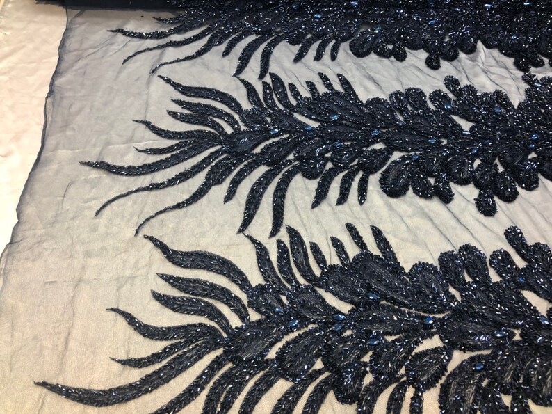 NAVY Peacock Feathers Sequins and Beaded Peacock Feathers Embroider On A Mesh For Dress-Prom-Gown-Fashion Sold By 2 Reathers