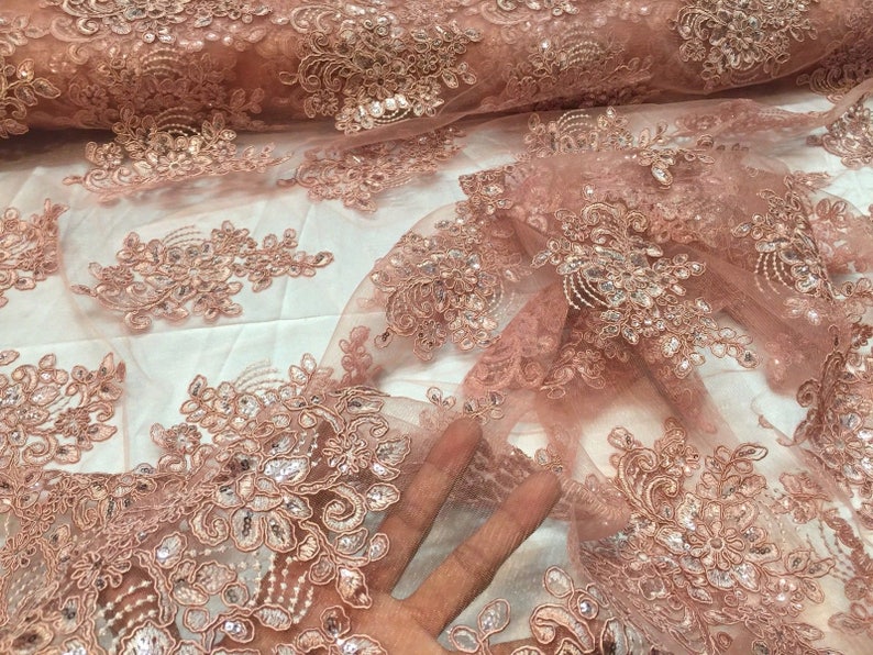 Dusty Rose Lace Fabric Corded Flowers Embroidery With Sequins For Wedding Dress Bridal Veil By The Yard