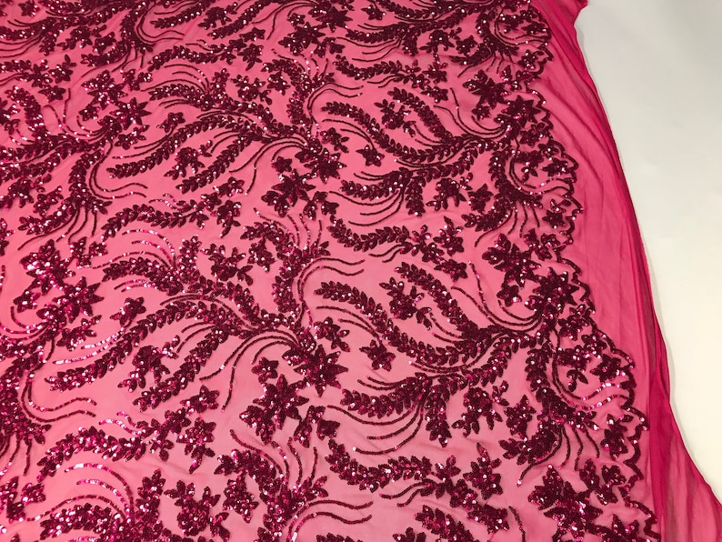 4 Way Stretch Fabric Embroidered Sequins Lace Fashion Dress Wedding Decoration By The Yard Fuchsia Power Mesh