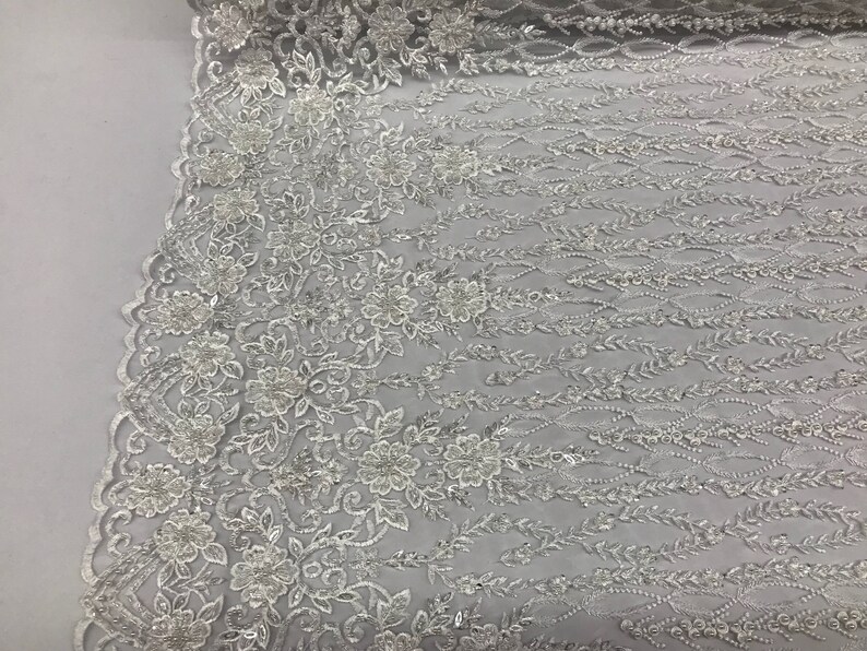 Bridal Veil Flower Beaded Fabric By The Yard White Lace Etsy
