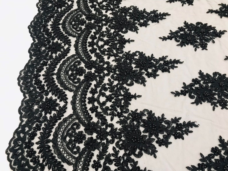 Black Beaded Fabric Lace Fabric By The Yard Embroidered | Etsy
