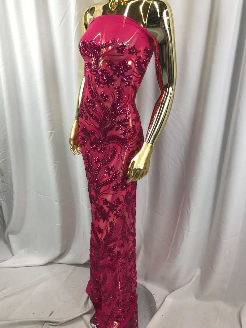 4 Way Stretch Fabric Embroidered Sequins Lace Fashion Dress Wedding Decoration By The Yard Fuchsia Power Mesh
