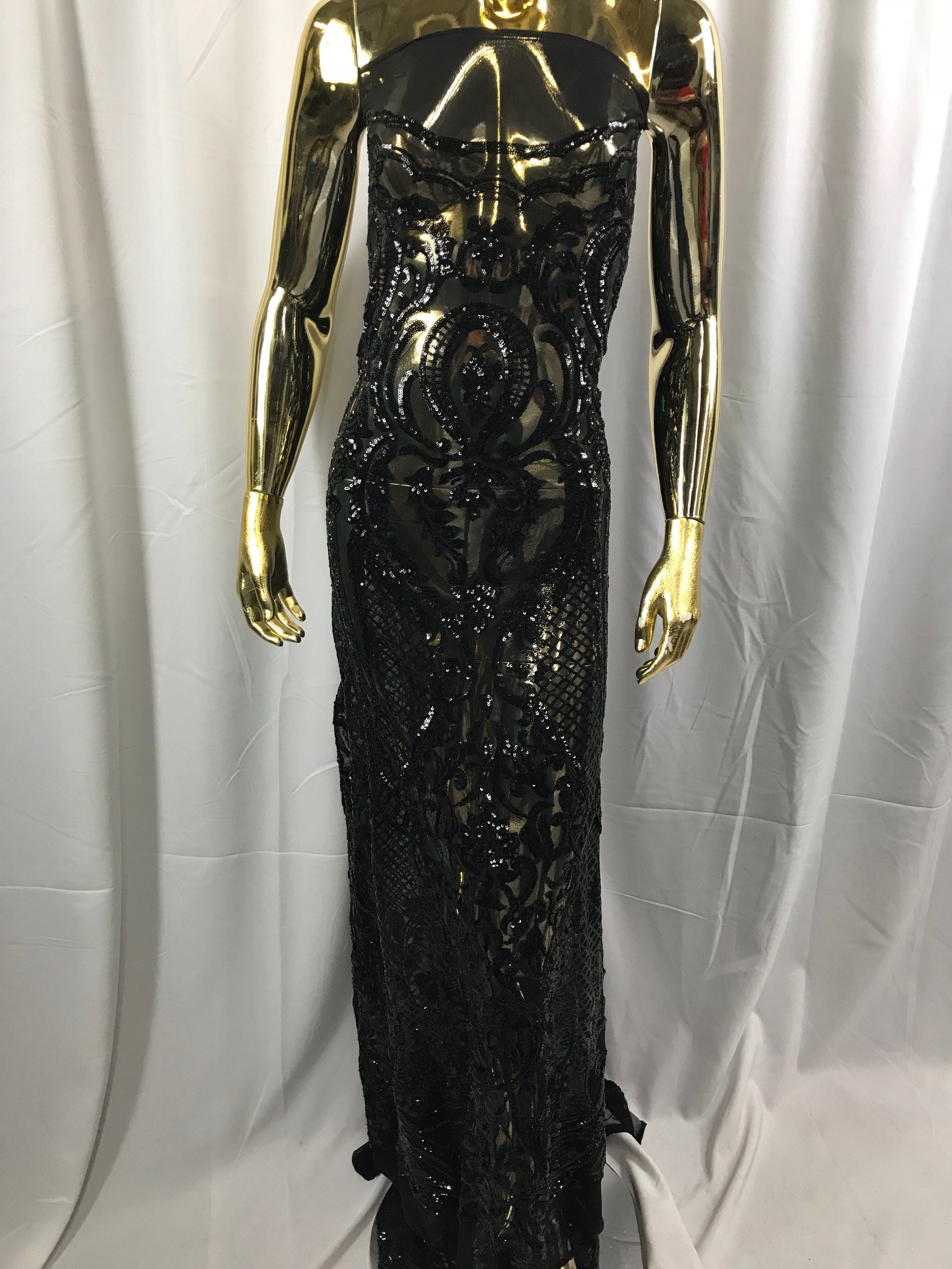 Sequins Fabric 4 Way Stretch Black Embroidered Mesh Lace For