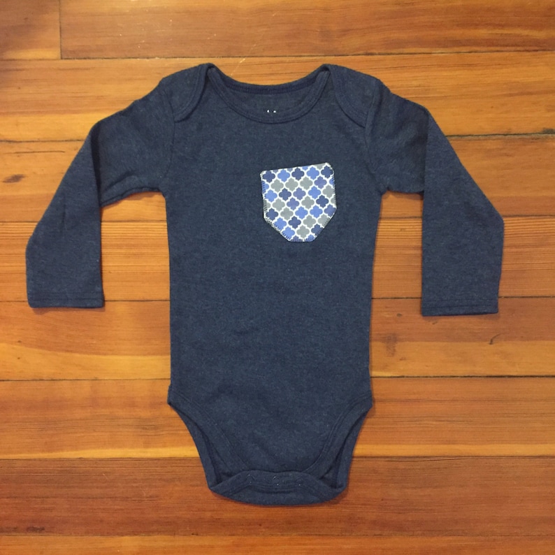 12 Months Blue /& Gray Pocket Long Sleeve Onesie