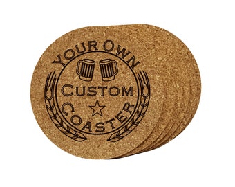 Cork coaster set of six personalized custom engraved text with circle badge logo. Great gift. Compliment kegerator bar restaurant homebrewer