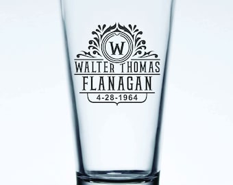 Personalized Pint Beer Glasses with Vintage Logo and Custom Text Engraved, set of two.