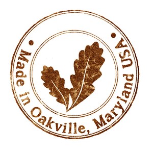 May include: A brown, circular stamp with the text "Made in Oakville, Maryland USA" and a stylized oak leaf design.