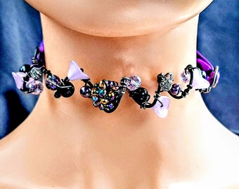 Unique luminous purple flower&Swarovski crystal collar necklace,Edgy unusual lavender flower choker,Elegant sari ribbon statement jewelry