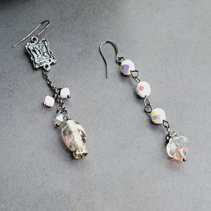Silver butterfly charm&rose quartz mismatched statement earrings,Unusual Swarovski crystal asymmetrical earrings,Clip on other styles option