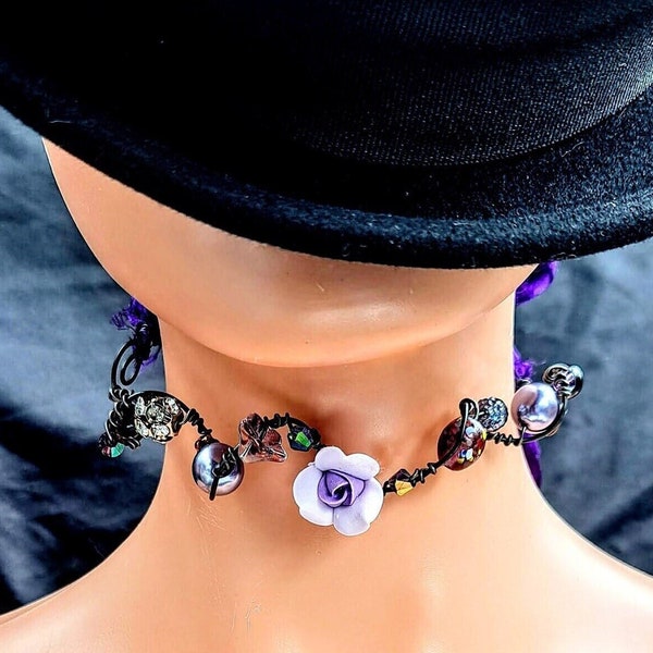 Unique vintage style purple porcelain rose&pearl collar necklace,Edgy unusual lavender flower choker,Elegant sari ribbon statement jewelry