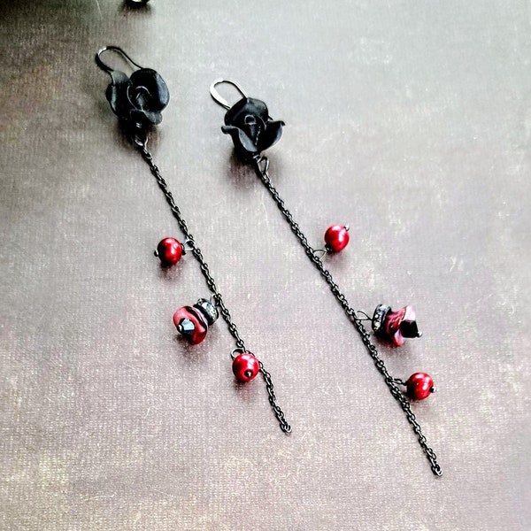 Plush gothic black rose & scarlet red pearl long dangle earrings,Edgy unique chain statement jewelry,Unusual romantic Victorian goth jewelry