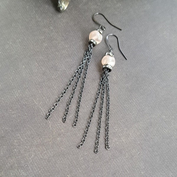 Unique vintage peach pink&gunmetal chain tassel earrings,Victorian romantic gothic jewelry,Edgy elegant dangles,Clip on other styles options