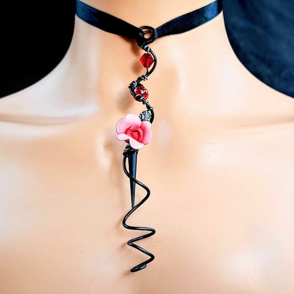 Edgy porcelain gothic red rose&black spiked drop ribbon choker,Scarlet red crystal elegant goth thorn collar necklace,Elegant glam grunge