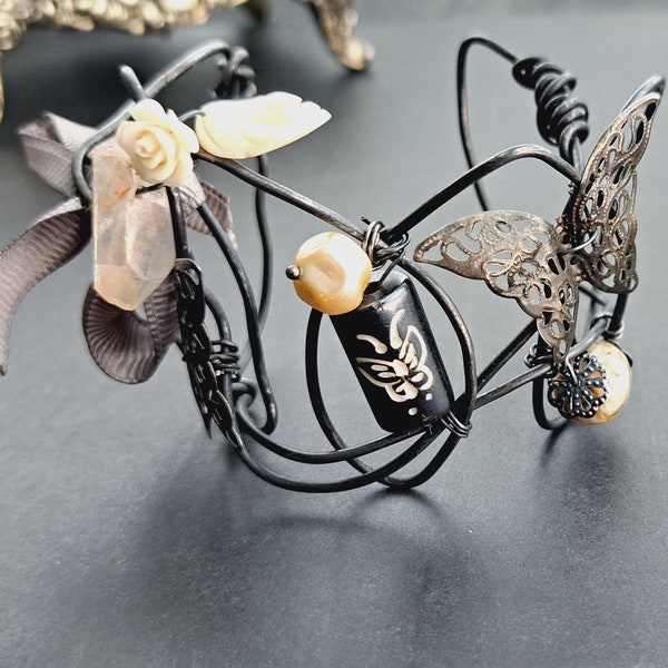 Unique unusual butterfly & vintage rose Victorian goth cuff,Wide chunky artisan bracelet,Elegant grunge raw rough crystals healing jewelry