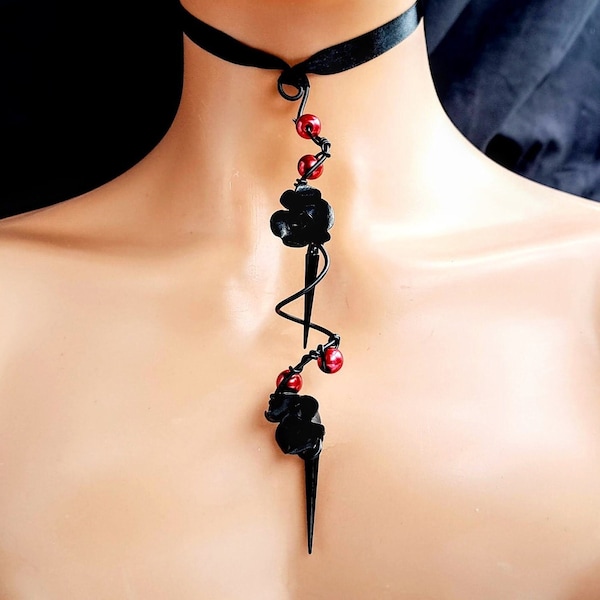 Edgy porcelain gothic black rose&black spiked drop ribbon choker,Scarlet red pearl elegant goth statement collar necklace,Elegant grunge