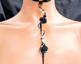 Unique gothic black rose&rose gold Swarovski crystal collar necklace,Edgy black spiked drop ribbon choker,Elegant gothic statement jewelry
