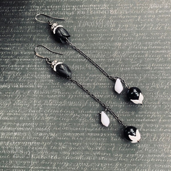 Unique Victorian gothic black rose drop earrings,Edgy elegant vintage white Swarovski quartz&onyx soft goth,Clip on other styles option