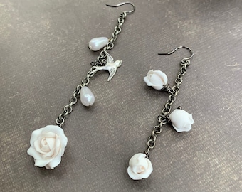 Mismatched white rose & silver sparrow gunmetal drop earrings,Unique vintage asymmetrical ivory Japanese pearls,Clip on other styles option