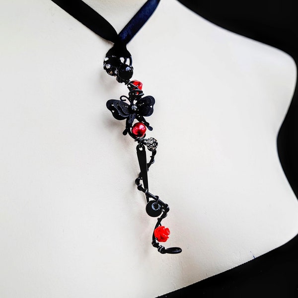 Edgy porcelain gothic black butterfly & spiked drop ribbon choker,Scarlet red pearl elegant goth thorn collar necklace,Elegant glam grunge