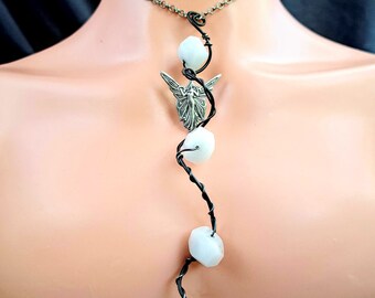 Gorgeous holly blue chalcedony & vintage silver angel collar choker,Unique healing Zodiac gift,Edgy black steel metal statement necklace
