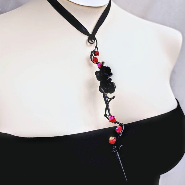 Edgy porcelain gothic black rose&black spiked drop ribbon choker,Scarlet red crystal elegant goth statement collar necklace,Elegant grunge