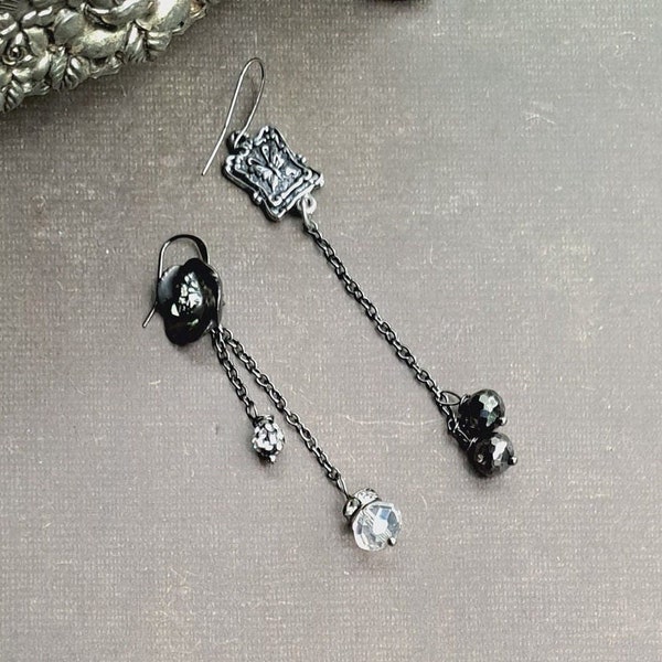 Edgy artisan chocolate floral and butterfly mismatched earrings,Unique glittering crystals&pave dangle jewelry,Clip on other styles options