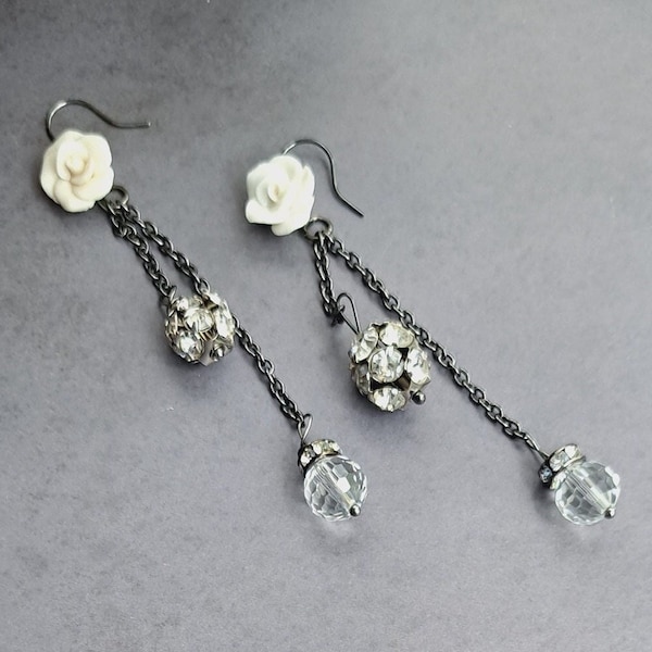 Gorgeous vintage white ceramic rose chandelier earrings,Glittering Swarovski crystal long dangle statement jewelry,Clip on other styles