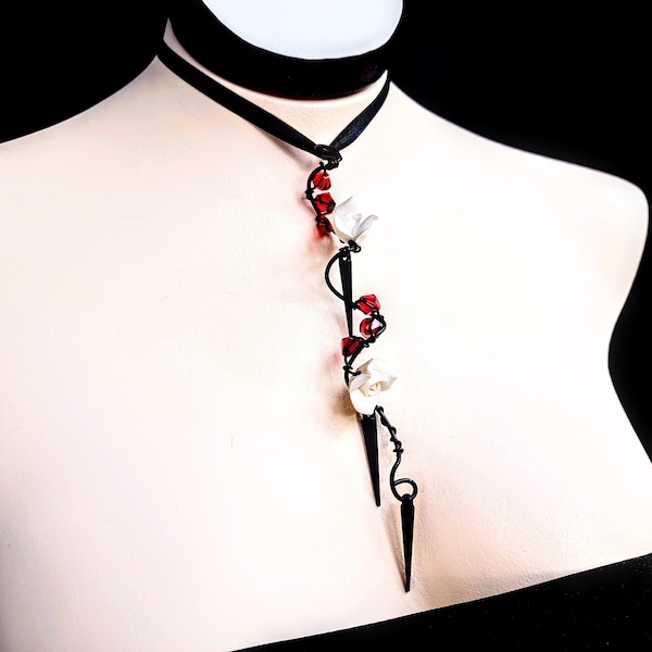 Edgy porcelain white rose&black spiked drop ribbon choker,Scarlet red crystal elegant goth statement collar necklace,Elegant gothic jewelry