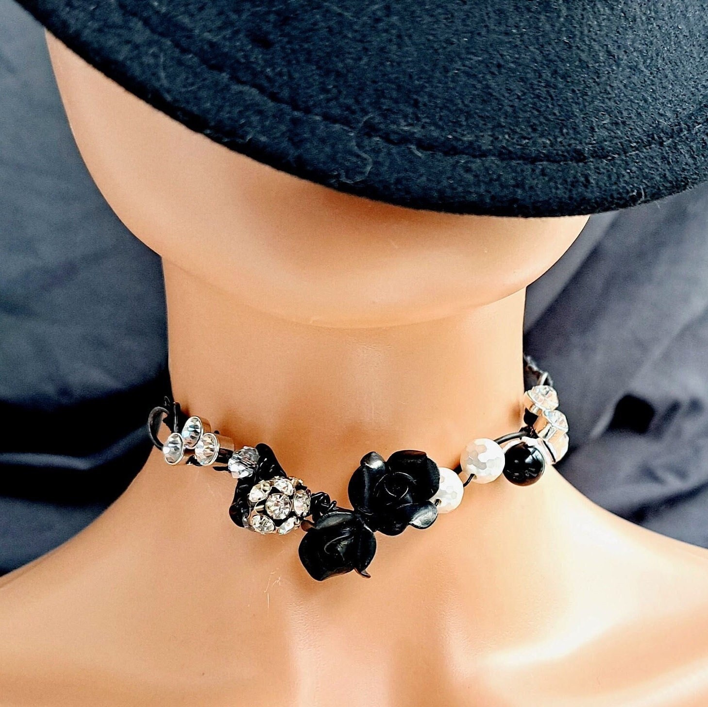 Edgy porcelain gothic black rose&vintage ivory pearl ribbon collar choker,Unique soft goth aesthetic statement necklace,Elegant grunge glam