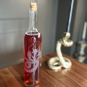 Hand Engraved Wine Bottle, Snake and Florals