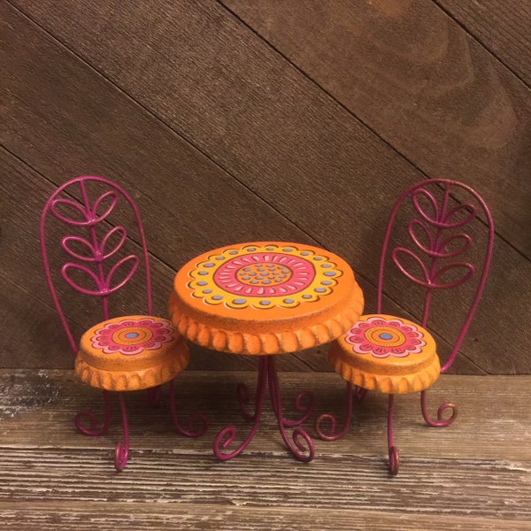 Fairy Garden | Boho Bottle Cap Bistro 3pc Miniature Metal Furniture Set | Deli Cafe Table Chairs | Genevieve Gale Gypsy Collection Discontd