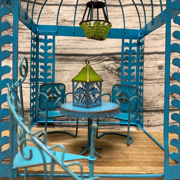 Fairy Garden | Boho Blue Miniature Metal Gazebo | Choose Pergola Chairs Table Lantern Stairs Fairies Decor Furniture | Hanging Chandelier!