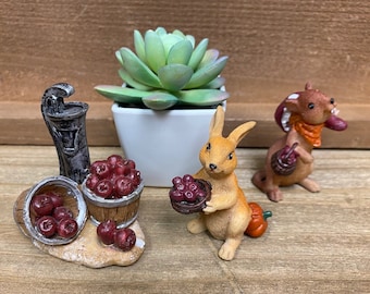 Fairy Garden | Fall Apple Water Well Rabbit Squirrel Resin Miniatures | Autumn Halloween Thanksgiving Outdoor Fairies Decor | Choose One